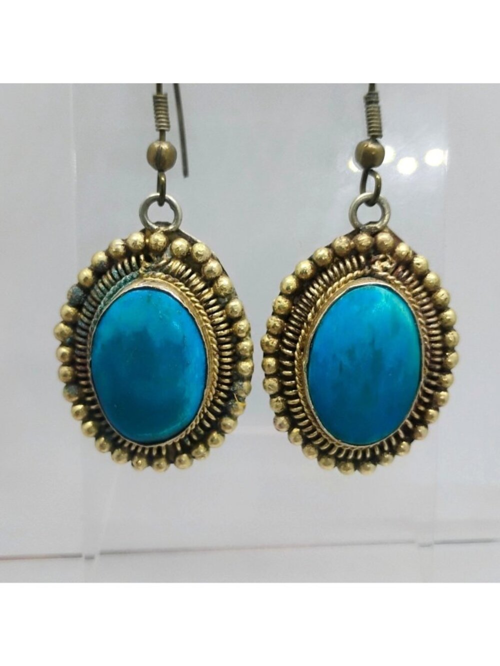 Silvery Colored Brass Turquoise Earrings Large Oval Stones in Ornate Setting